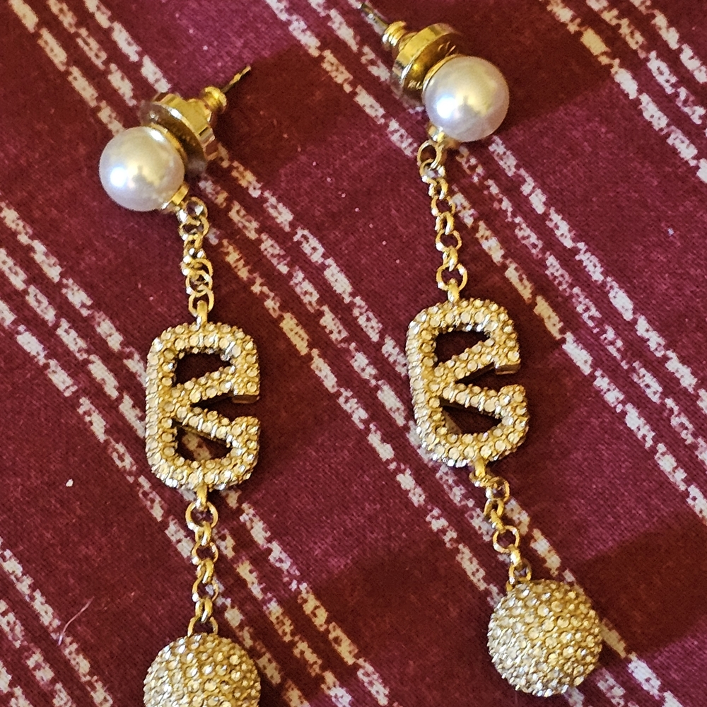 Valentino Gold and Pearl Drop Crystal Pavé Earrings - Picture 2 of 2